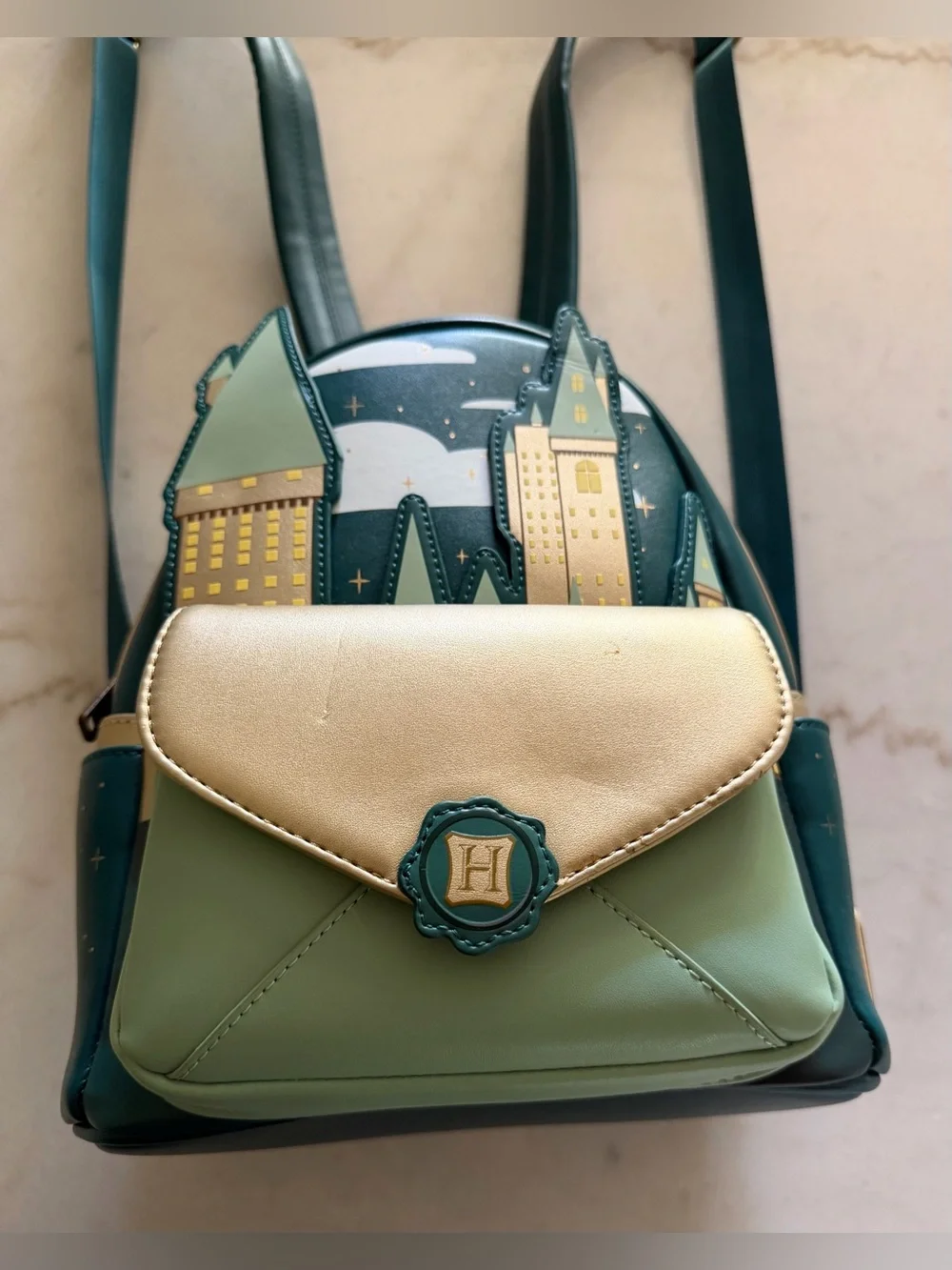 Harry Potter - GOLDEN HOGWARTS CASTLE 10” Faux Leather Mini Backpack, LOUNGEFLY